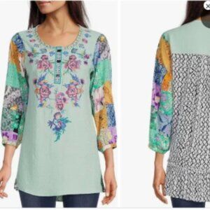 Calessa Blouse Women's 2X Mint Multi Embroidered Floral Patchwork Print TopTunic